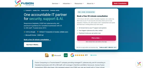 Fusion Computing homepage showing its 93 percent first-contact resolution rate