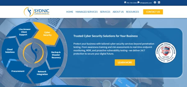 SYDNIC Computer Systems homepage promoting its 24/7 IT helpdesk for Barrie businesses