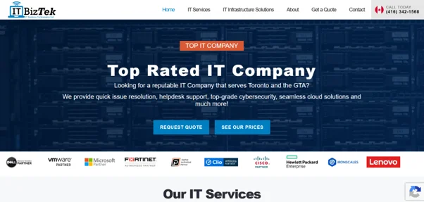 ITBizTek homepage showing Toronto-based IT services that extend to Barrie businesses