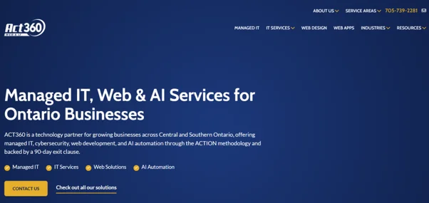ACT360 homepage showing cybersecurity and managed IT services for Newmarket and York Region businesses