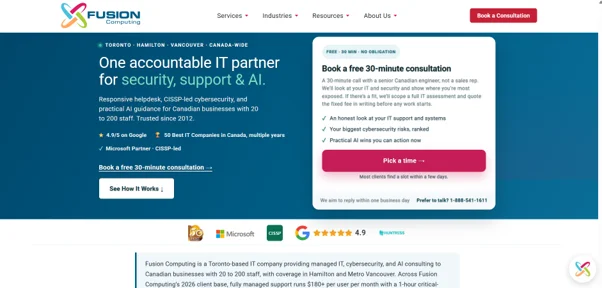 Fusion Computing homepage showing CISSP-led cybersecurity and managed detection services
