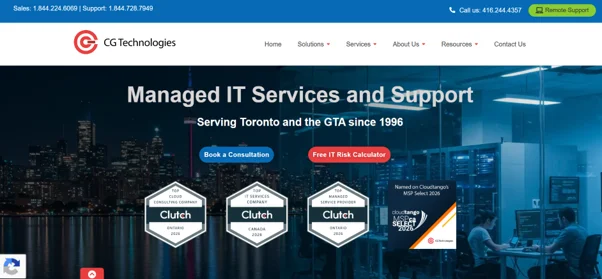 CG Technologies homepage showing managed IT and cybersecurity services from its Concord office