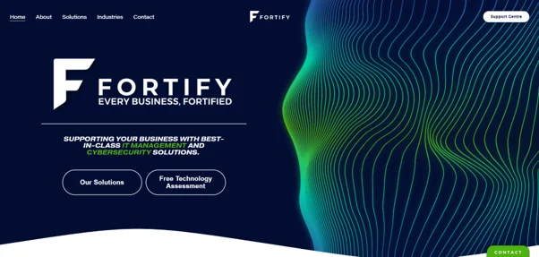 Fortify Network Solutions homepage showing NIST-aligned cybersecurity services from Cookstown