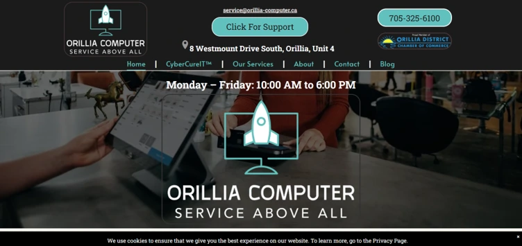 Orillia Computer homepage showing managed IT support and cybersecurity services in Orillia