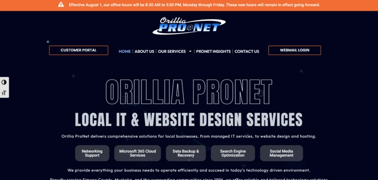 Orillia ProNet homepage showing business IT, networking, and backup services in Orillia