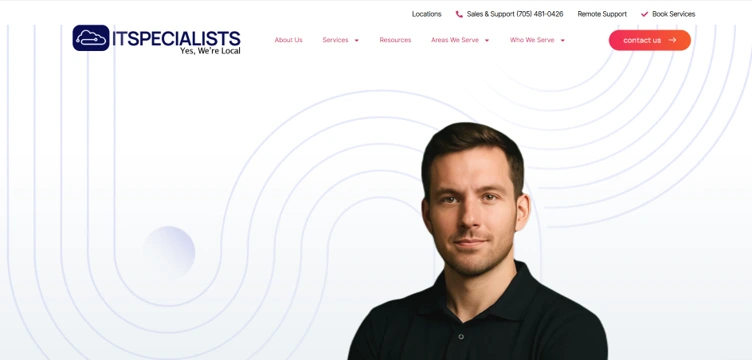 IT Specialists homepage showing managed IT, cybersecurity, and Microsoft 365 services