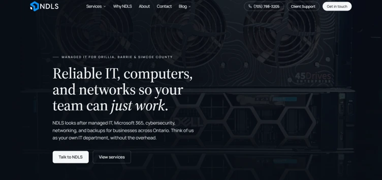 NDLS homepage showing managed IT, cybersecurity, and VoIP services around Orillia