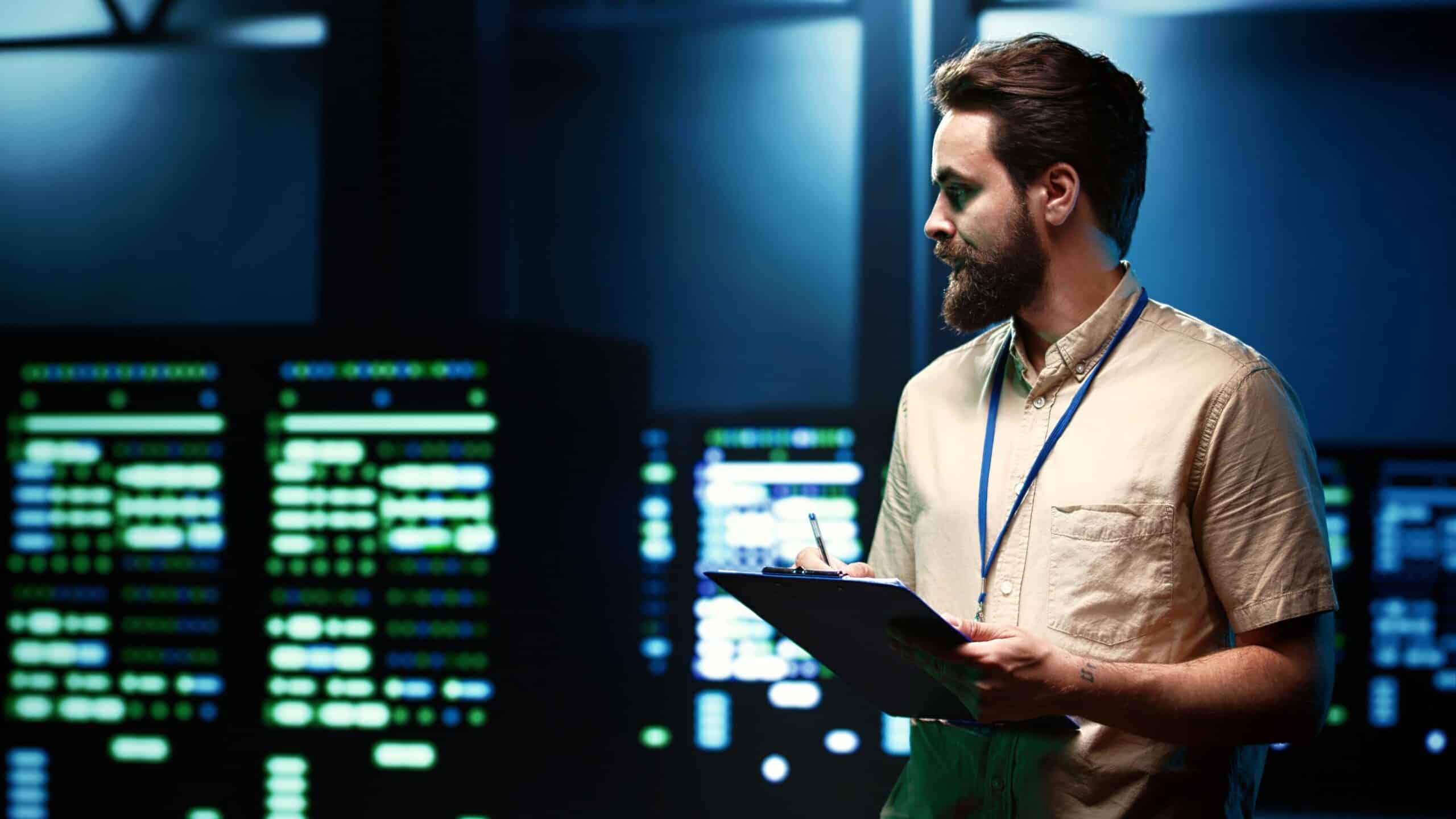 IT specialist inspecting data center infrastructure, representing ACT360 IT services