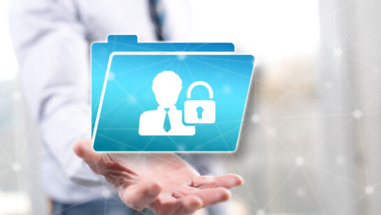 A businessperson holding out a hand with a floating icon of a personal profile inside a folder secured with a padlock, representing the concept of personal data security under PIPEDA