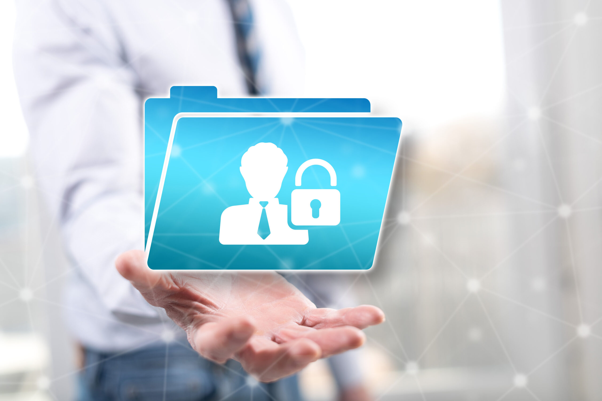 A businessperson holding out a hand with a floating icon of a personal profile inside a folder secured with a padlock, representing the concept of personal data security under PIPEDA