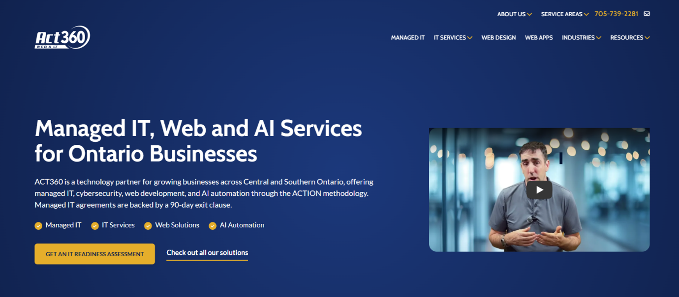 ACT360 homepage for managed IT, web, and AI services for Ontario businesses