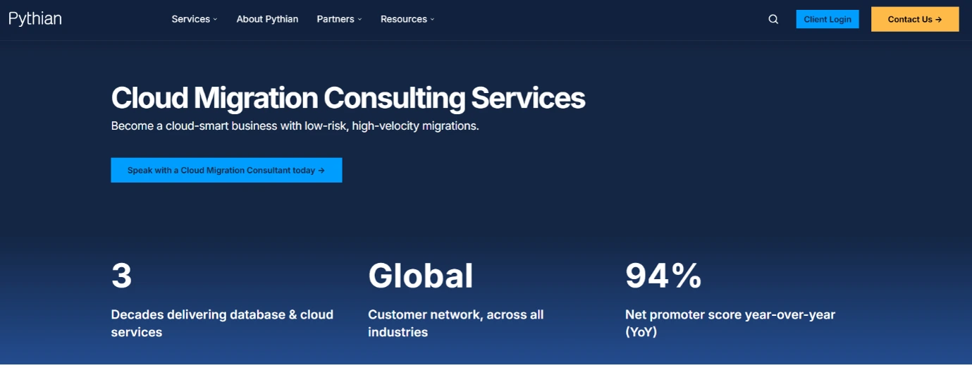 Pythian cloud migration consulting services page highlighting a 94% net promoter score