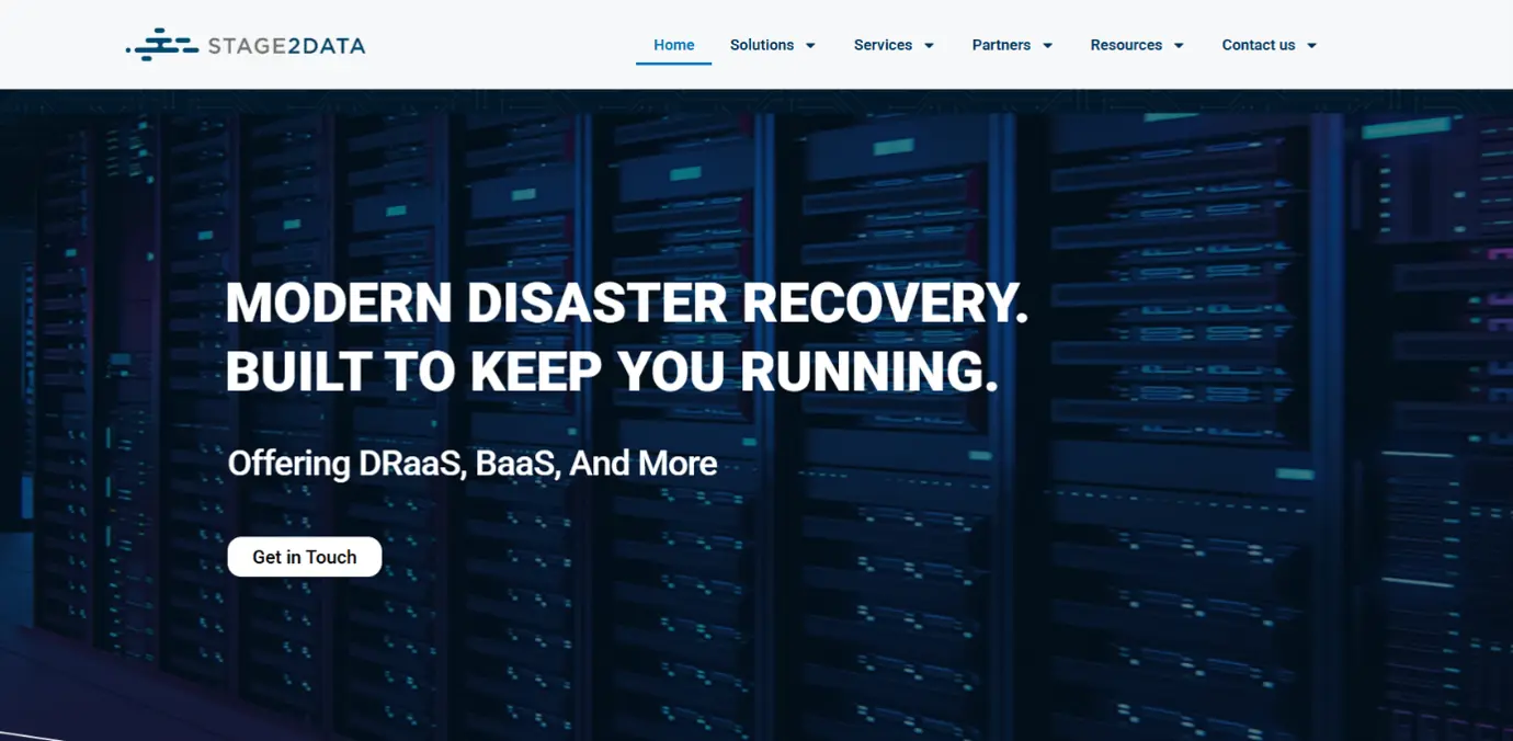 Stage2Data homepage with the headline Modern Disaster Recovery, Built to Keep You Running