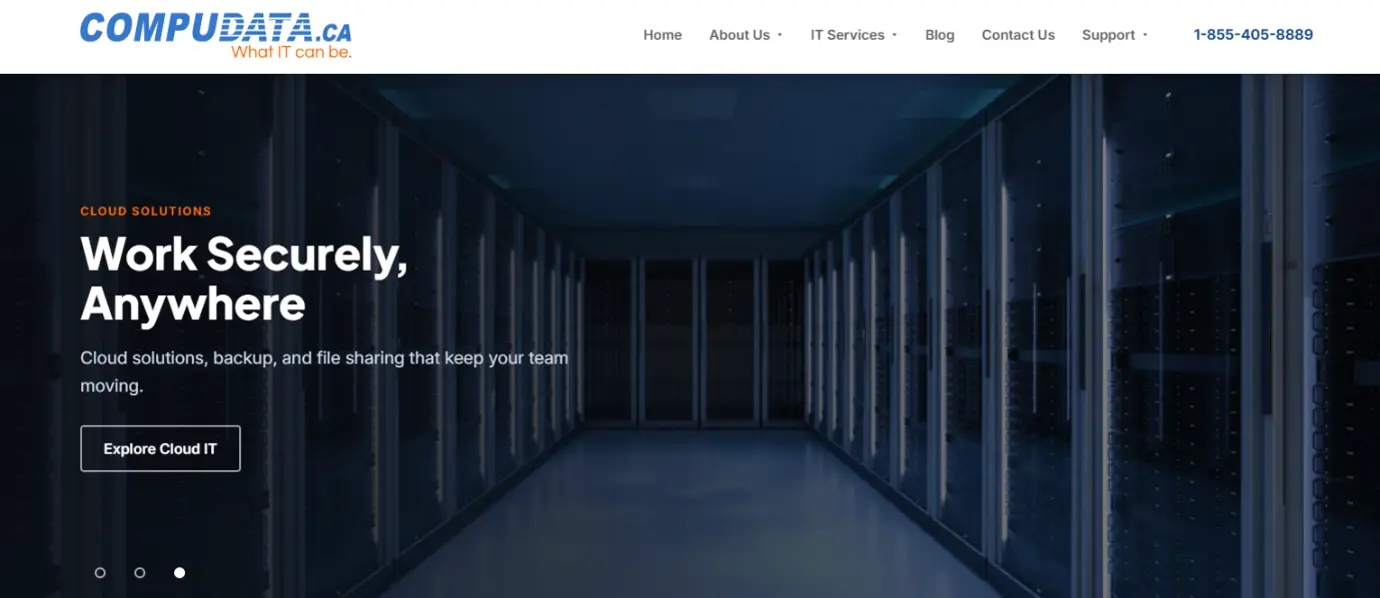 Compudata homepage promoting cloud solutions, backup, and file sharing