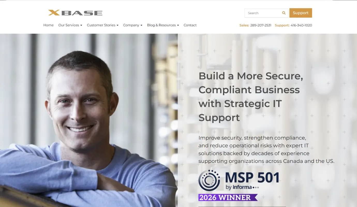 XBASE Technologies homepage promoting strategic IT support for secure, compliant businesses