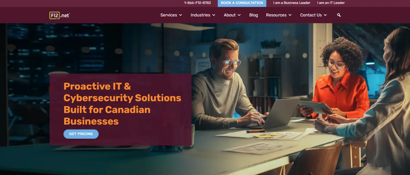 F12.net homepage promoting proactive IT and cybersecurity solutions for Canadian businesses
