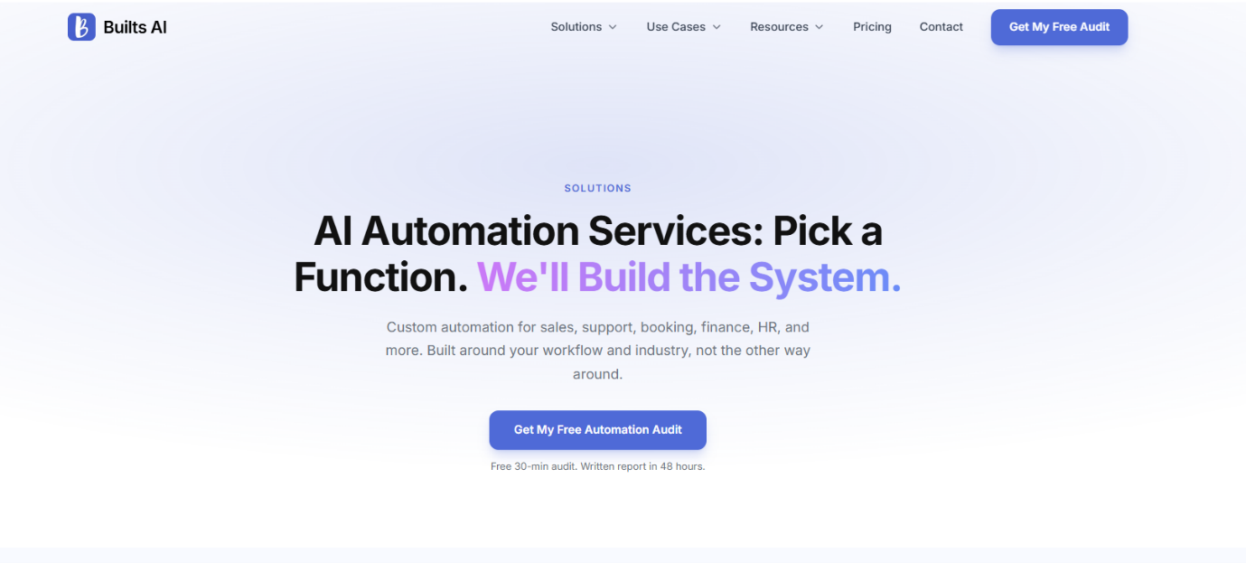 Builts AI homepage advertising custom AI automation services by business function