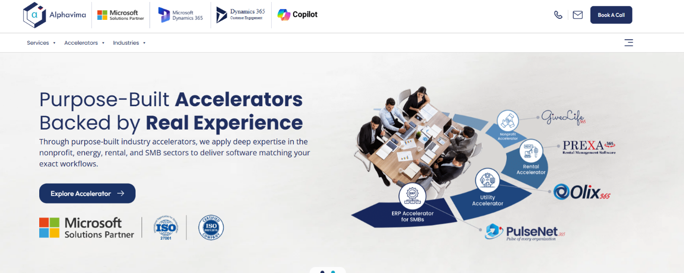 Alphavima Technologies homepage showing industry accelerators and Microsoft Solutions Partner badge