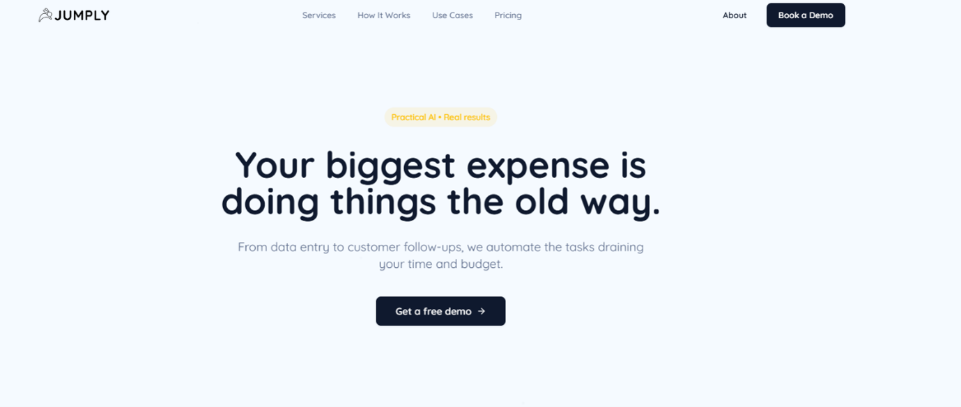 Jumply homepage promoting automation of manual tasks like data entry and customer follow-ups