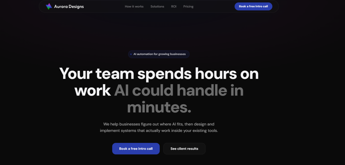 Aurora Designs homepage offering AI automation for growing businesses