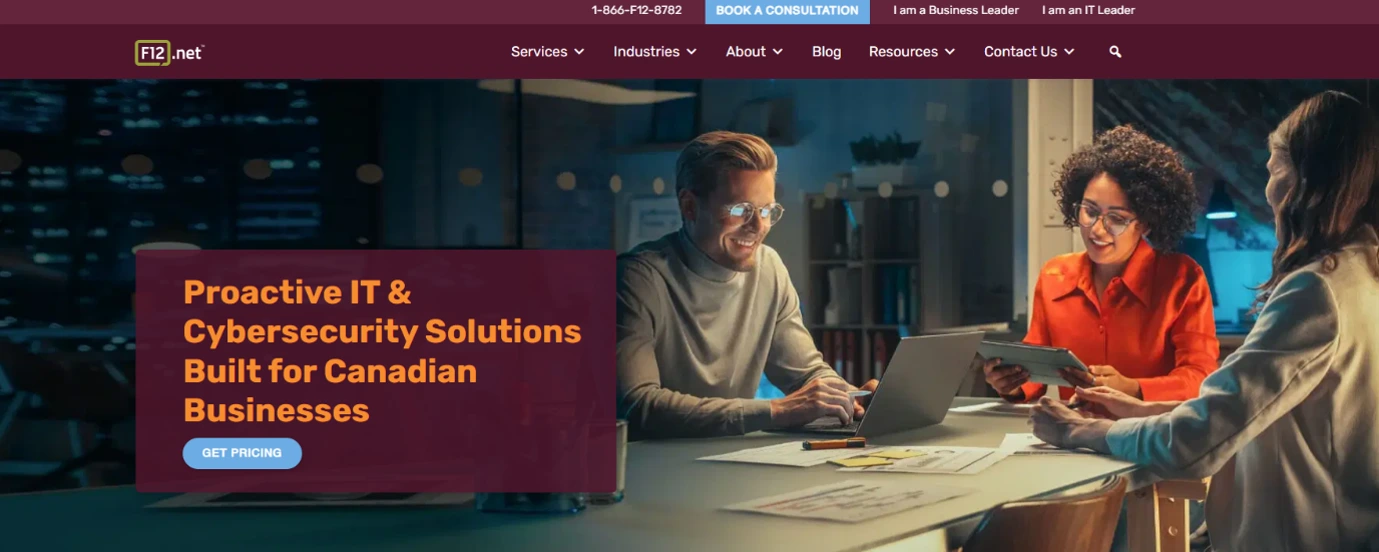 F12.net homepage promoting proactive IT and cybersecurity solutions for Canadian businesses