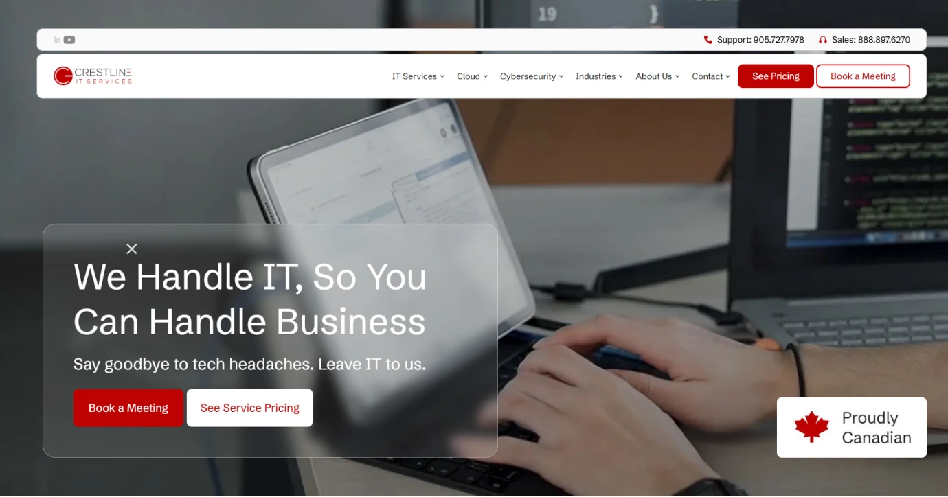 Crestline Coaching IT services homepage with a Proudly Canadian badge