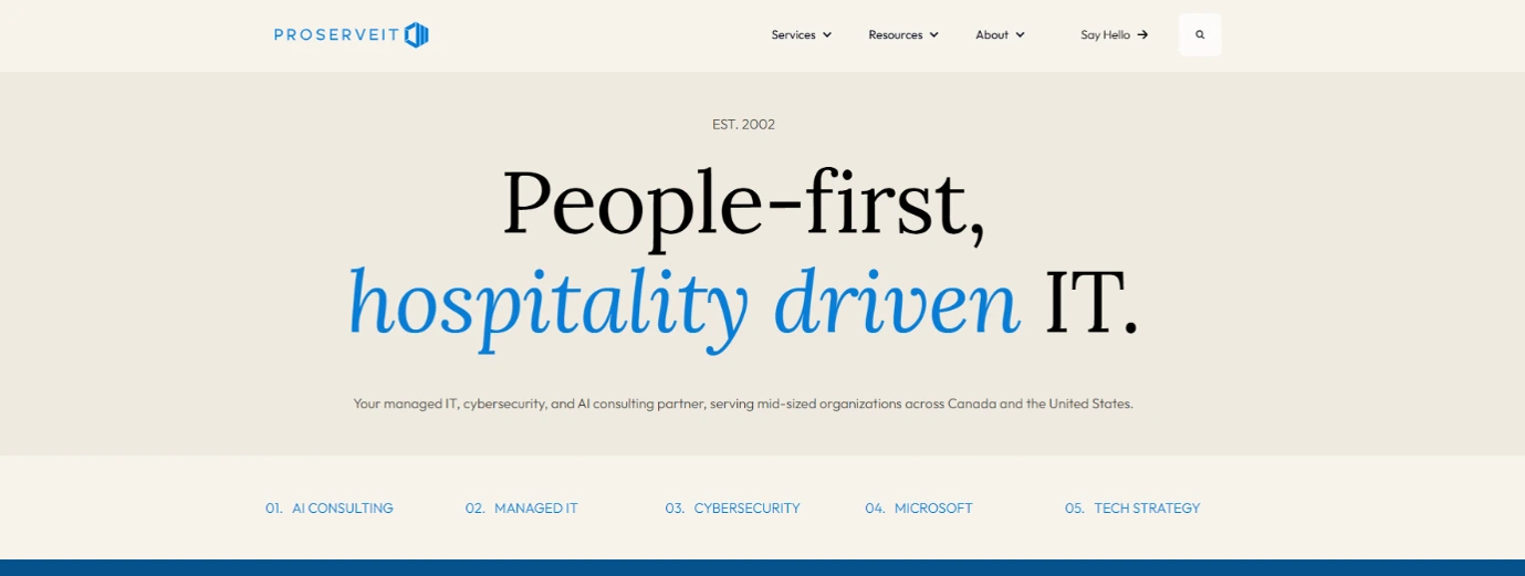 ProServeIT homepage with the headline People-first, hospitality driven IT