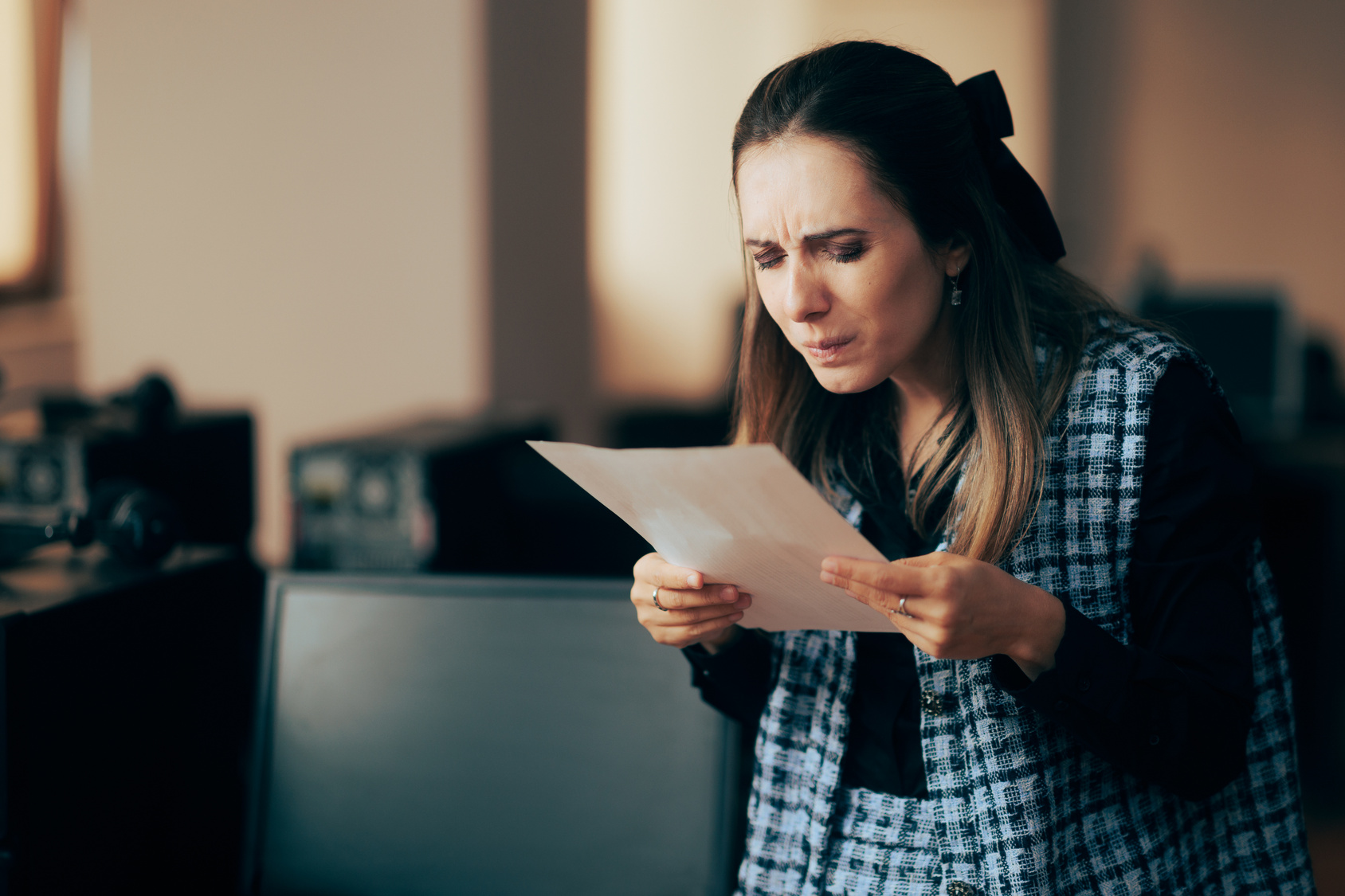 Woman squinting at the fine print of a contract, representing the lock-in clauses hidden in managed IT agreements