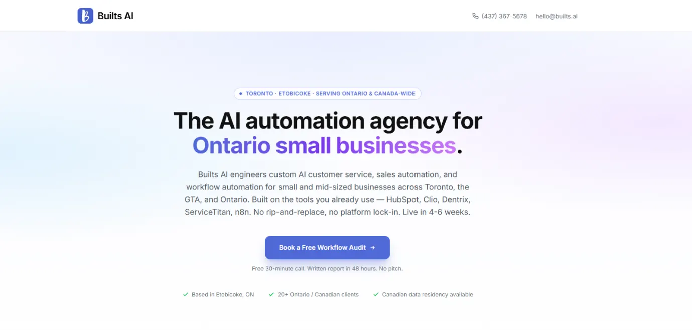 Builts AI homepage, an AI automation agency for Ontario small businesses