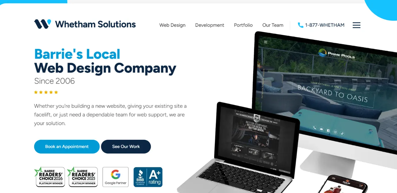 Whetham Solutions homepage presenting Barrie's local web design company since 2006