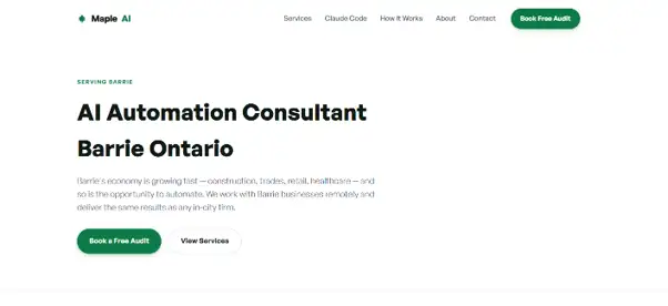 Maple AI automation consultant page for Barrie, Ontario