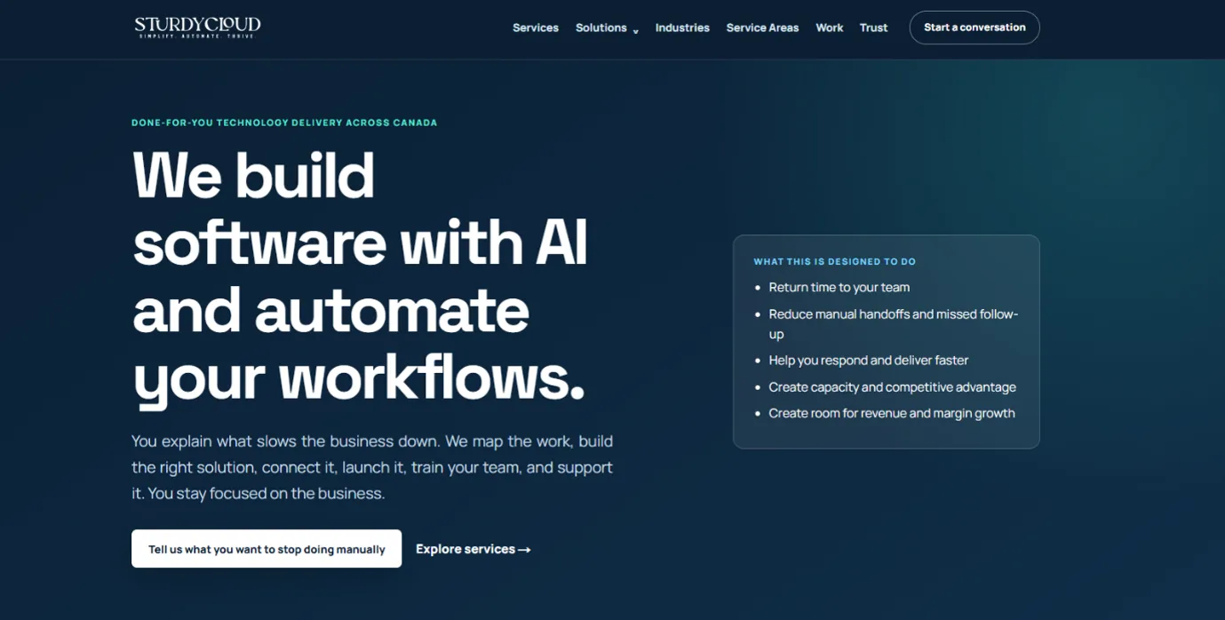 SturdyCloud homepage for AI software development and workflow automation