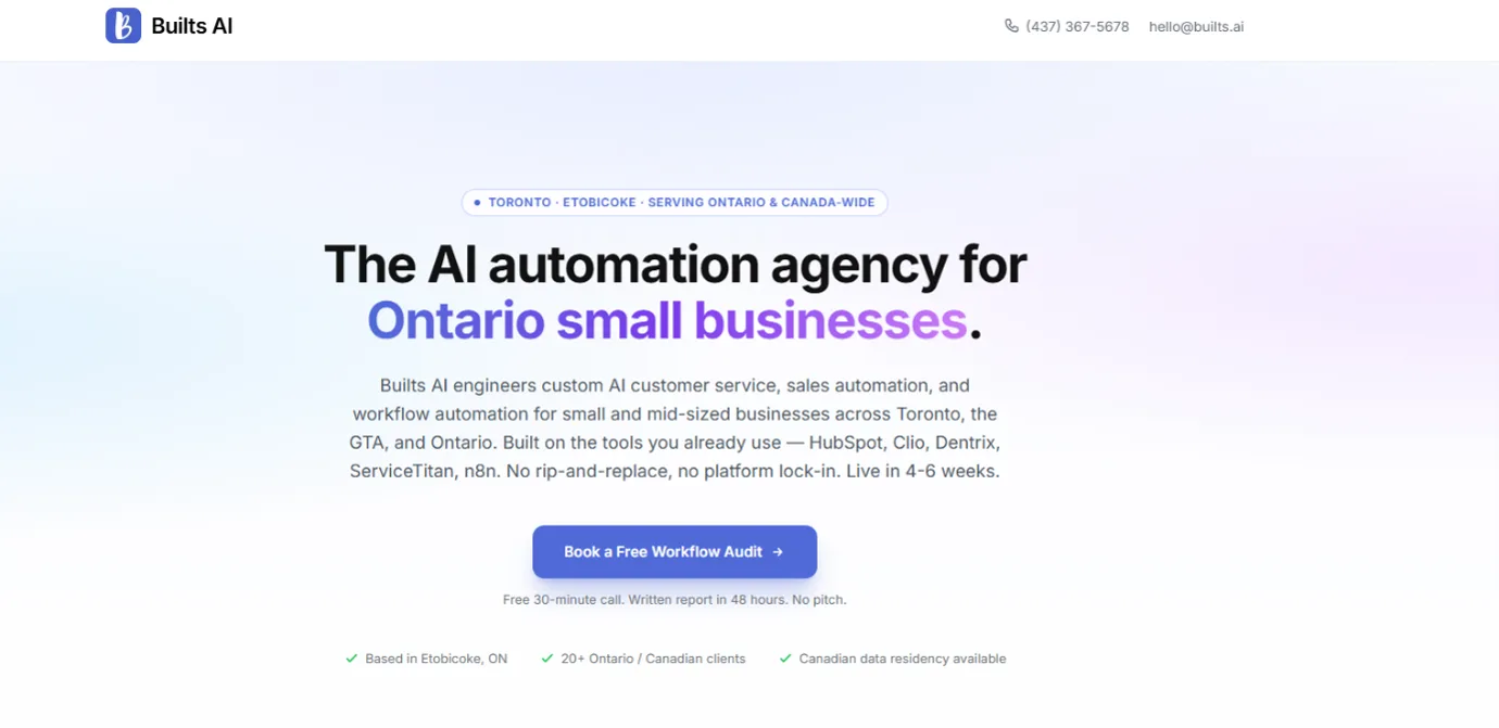 Builts AI homepage, an AI automation agency for Ontario small businesses